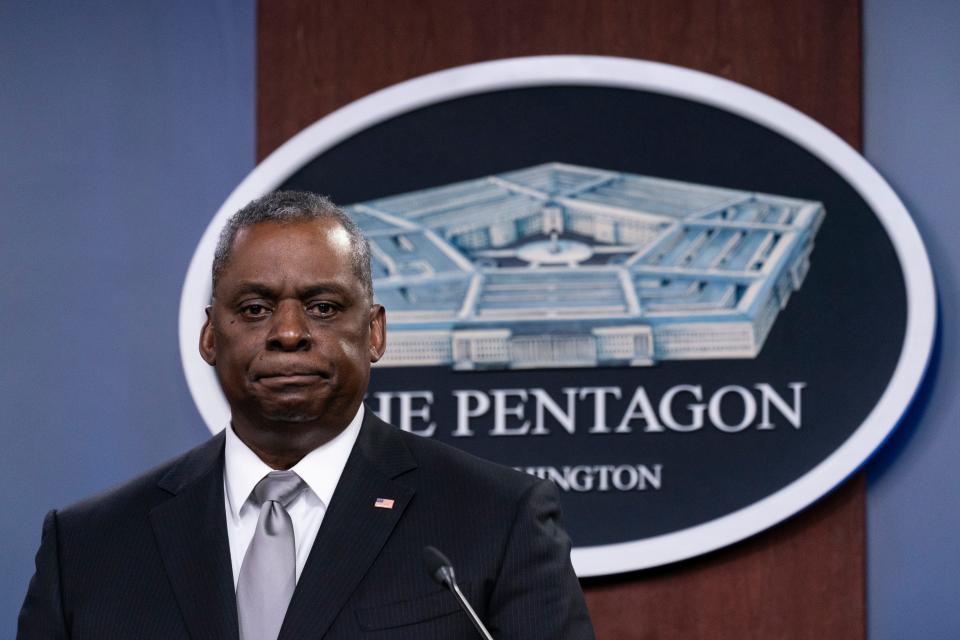 Secretary of Defense Lloyd Austin listens to a question as he speaks during a media briefing at the Pentagon, Friday, Feb. 19, 2021, in Washington.