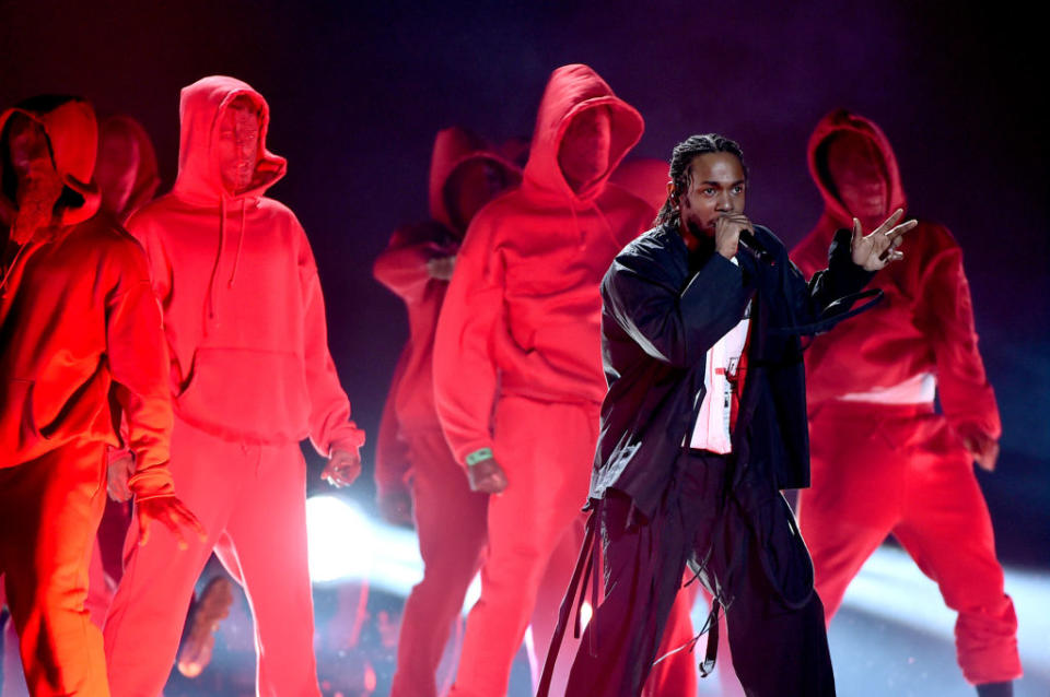 <p>Kendrick Lamar performs onstage during the 60th Annual Grammy Awards at Madison Square Garden on January 28, 2018, in New York City. (Photo: Getty Images) </p>