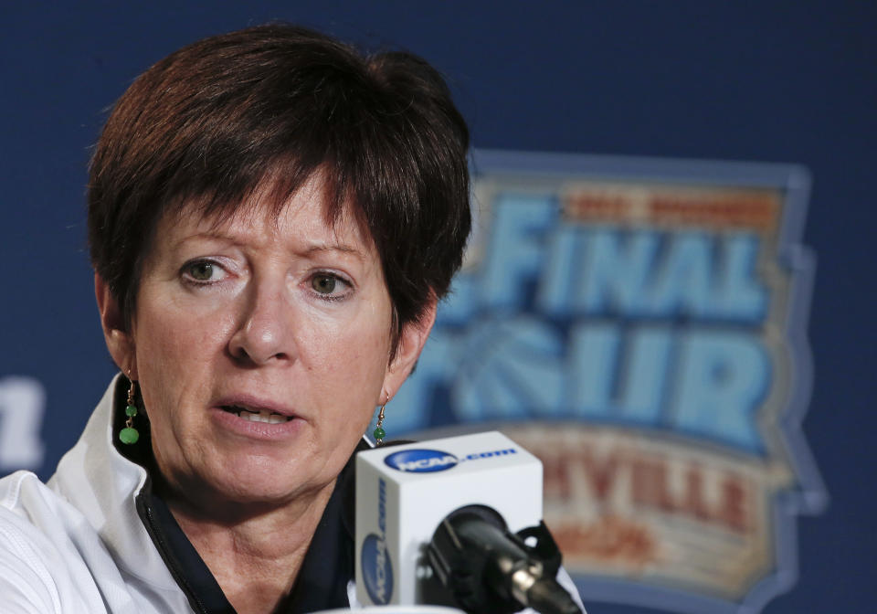 Notre Dame head coach Muffet McGraw answers questions during a news conference at the NCAA women's Final Four college basketball tournament Monday, April 7, 2014, in Nashville, Tenn. Notre Dame is scheduled to face Connecticut in the championship game Tuesday. (AP Photo/John Bazemore)