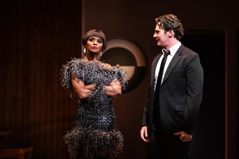 Krystal Joy Brown, left, and Jonathan Groff in "Merrily We Roll Along" on Broadway.