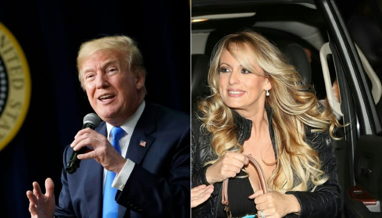 Montaje de fotos del presidente de Estados Unidos, Donald Trump, el 22 de marzo de 2018 en Washington y la actriz porno Stormy Daniels, en Fort Lauderdale el 9 de marzo de 2018 (MANDEL NGAN)