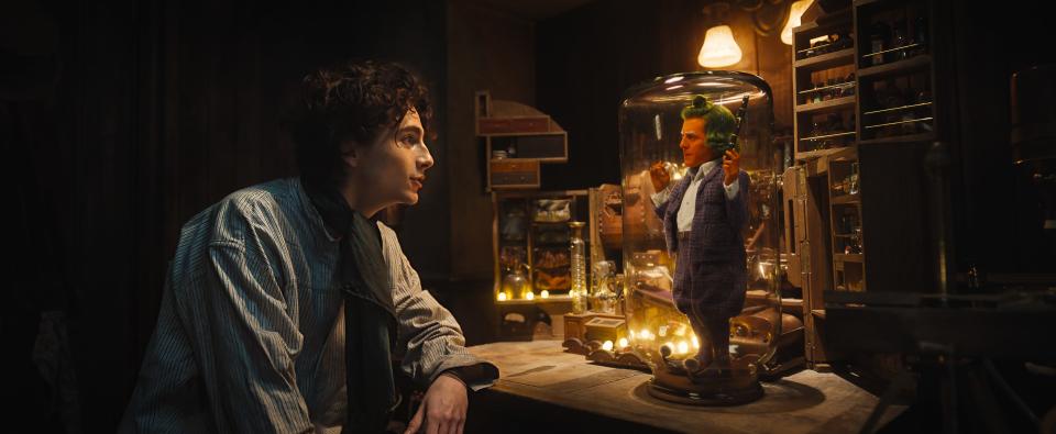 Timothée Chalamet (left) as Willy Wonka and Hugh Grant (right) as an Oompa Loompa in "Wonka."