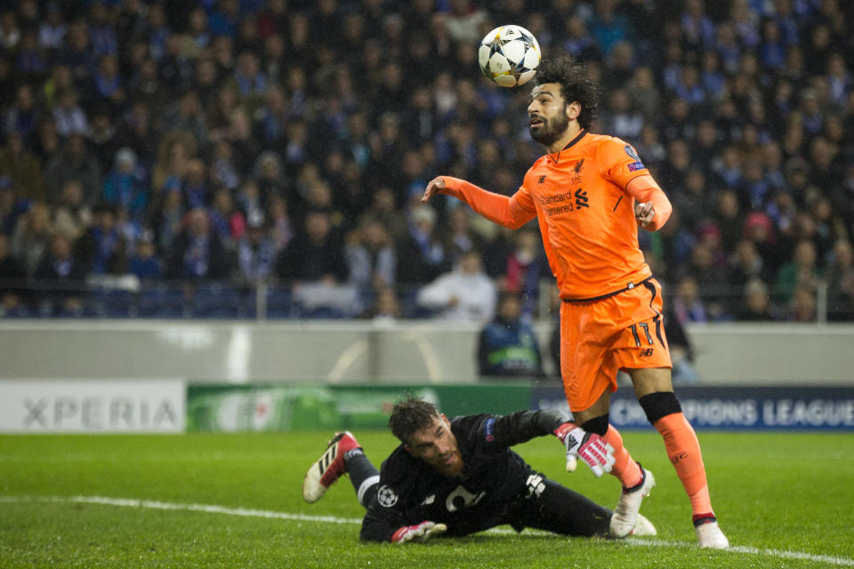 Mohamed Salah scores the second goal of Liverpool’s 5-0 first-leg rout of Porto in the Champions League round of 16. (Getty)