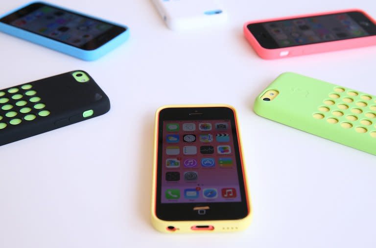 The new iPhone 5C is displayed during an Apple product announcement at the Apple campus on September 10, 2013 in Cupertino, California