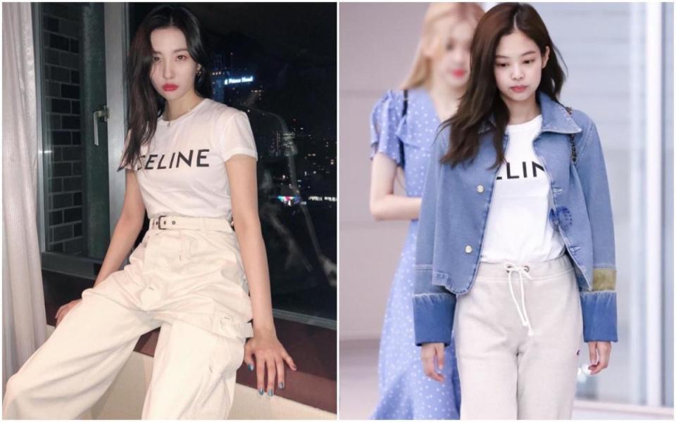 韓國女歌手李宣美（左）與BLACKPINK Jennie都喜愛白色棉質LOGO T-Shirt。NT$13,000（CELINE提供）