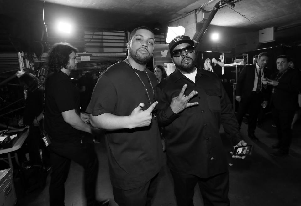 LOS ANGELES, CA - FEBRUARY 15:  Actor O'Shea Jackson Jr. (L) and rapper Ice Cube attend The 58th GRAMMY Awards at Staples Center on February 15, 2016 in Los Angeles, California.(EDITORS NOTE: Image has been converted to black and white.)  (Photo by Mark Davis/WireImage)