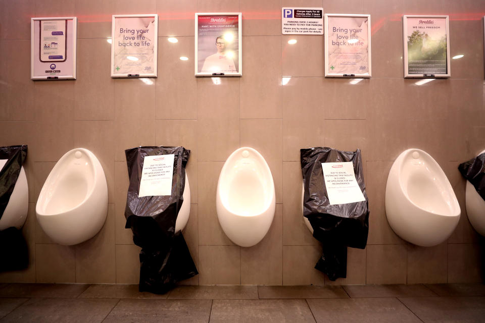 The Men's toilet facilities at the Strensham Services in Worcestershire where alternate urinals are out of use to maintain social distancing as the UK continues in lockdown to help curb the spread of the coronavirus.