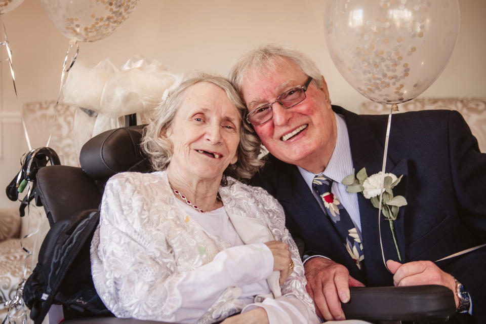 Colin Jones and Pauline Young who lived and worked side-by-side for 43 years have finally tied the knot Credit: Caters News