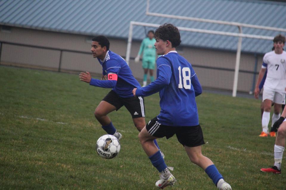 Perry's Jacobo Cerna-Gomez moves the ball down the field on Monday, April 1, 2024, at Dewey Field.