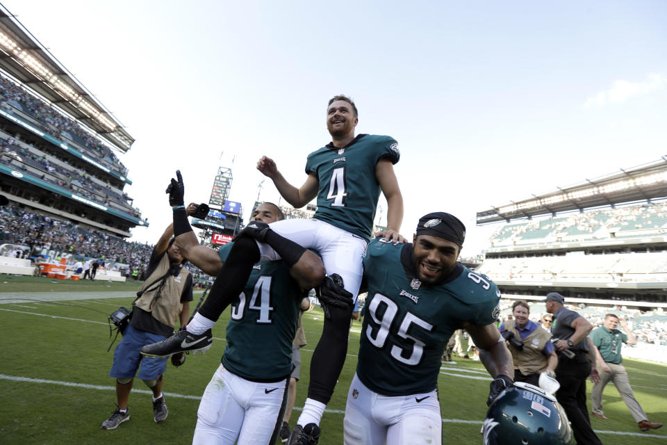 Philadelphia Eagles' Jake Elliott is carried off the field after kicking a 61-yard game-winning field goal. (AP)