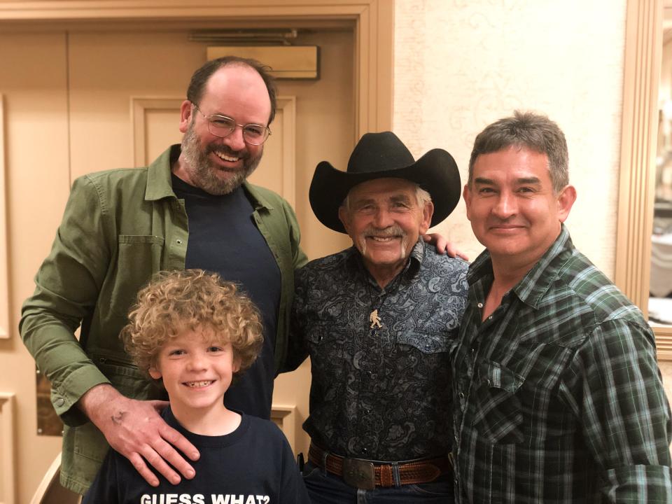 Scott Philbrook, back left, and Forrest Burgess, right, co-hosts of the "Astonishing Legends" podcast, are shown with Bob Gilmin, middle, of the famous Patterson-Gimlin Bigfoot film.
Photo courtesy Astonishing Legends