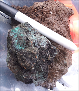 Mineralization at the Sibola Target, sample 997066 (1.19% copper). Altered volcanic rock exposed over 2 metres containing quartz-carbonate veining, iron staining, and malachite.