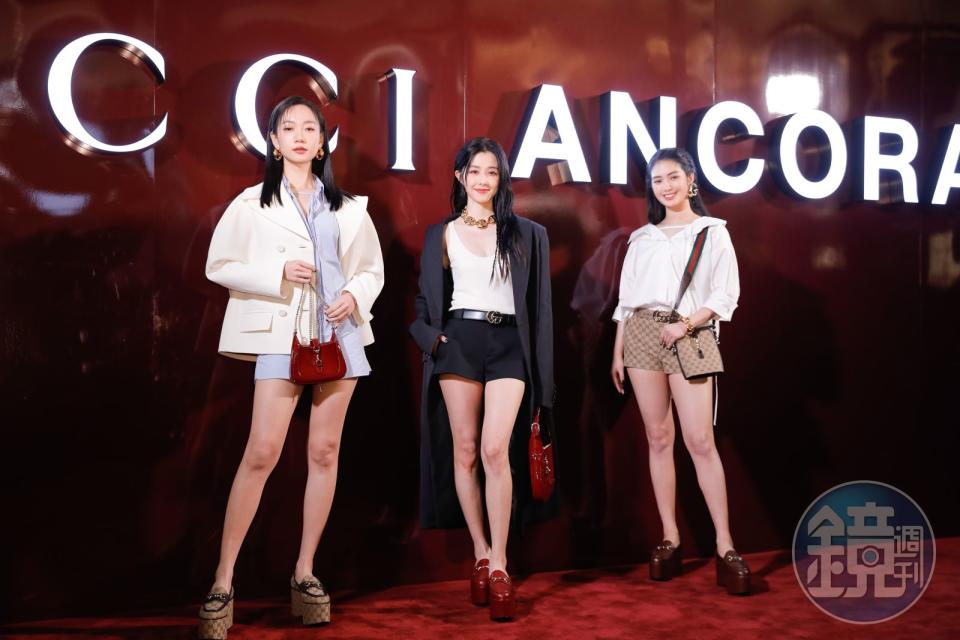 （左起）吳卓源、邵雨薇、雷嘉汭出席「GUCCI ANCORA時尚藝術特展」展前記者會。