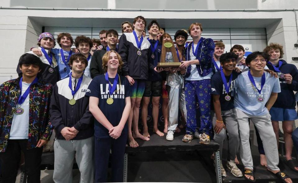 The Charlotte Latin boys team wins their fourth consecutive title during the NCISSA state championships at Mecklenburg County Aquatic Center in Charlotte, NC on Tuesday, February 13, 2024.