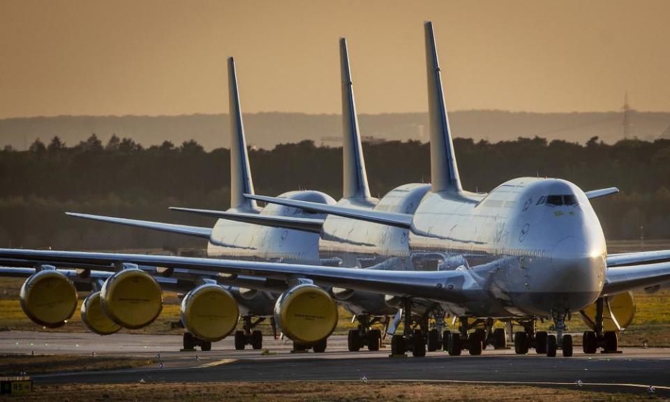 Boeing 747s belonging to Lufthansa parked at Frankfurt airport.