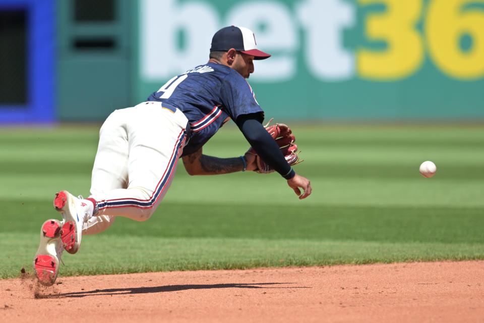 Cleveland Guardians shortstop Brayan Rocchio (4) dives for a ball hit by Minnesota Twins' Ryan Jeffers (not pictured) during the fourth inning Sunday at Progressive Field.