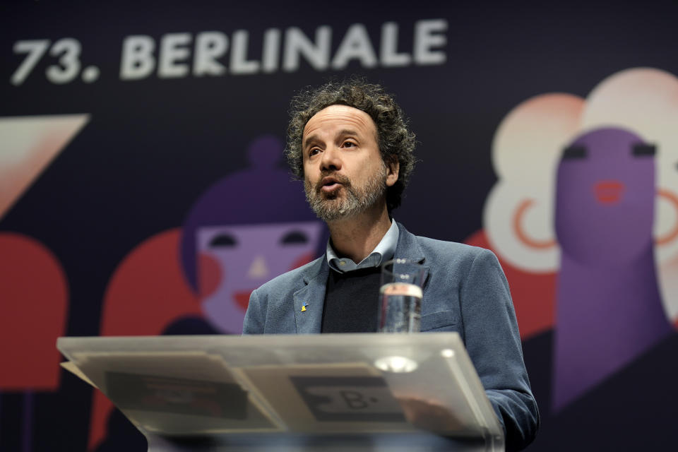 Carlo Chatrian, artistic director of the International Berlin Film Festival, briefs the media during a news conference in Berlin, Germany, Monday, Jan. 23, 2023. The 73. Berlin Film Festival Berlinale take place in the German capital from Feb. 16, until Feb. 26, 2023. (AP Photo/Markus Schreiber)