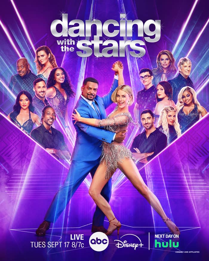 Alfonso Ribeiro and Julianne Hough pose in dance outfits for a "Dancing with the Stars" promo poster, featuring past contestants and judges. Airs on ABC and Hulu