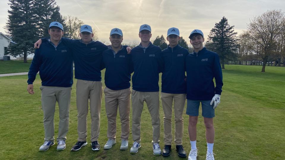 The Hillsdale Academy boys golf team (pictured: Ben Lutz, Rykert Frisinger, Ridley Fast, Kahle Welden, Lincoln Knirk, and Vincent Reagle) beat their best league score of last season (167) in their first league meet of this year.