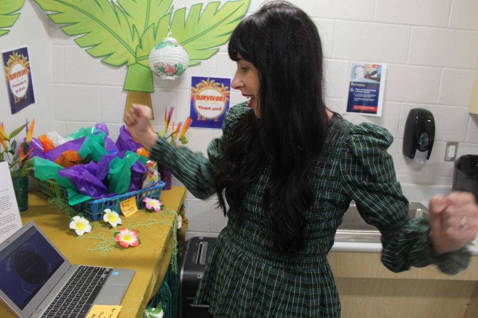 Monique Pollick, elementary art teacher at Croghan Elementary School, spins the wheel on a laptop computer in the school's teacher break room and waits to see what her challenge will be Thursday during National Teacher Appreciation Week. The school put together a series of fun challenges for teachers during the week, with prizes available.