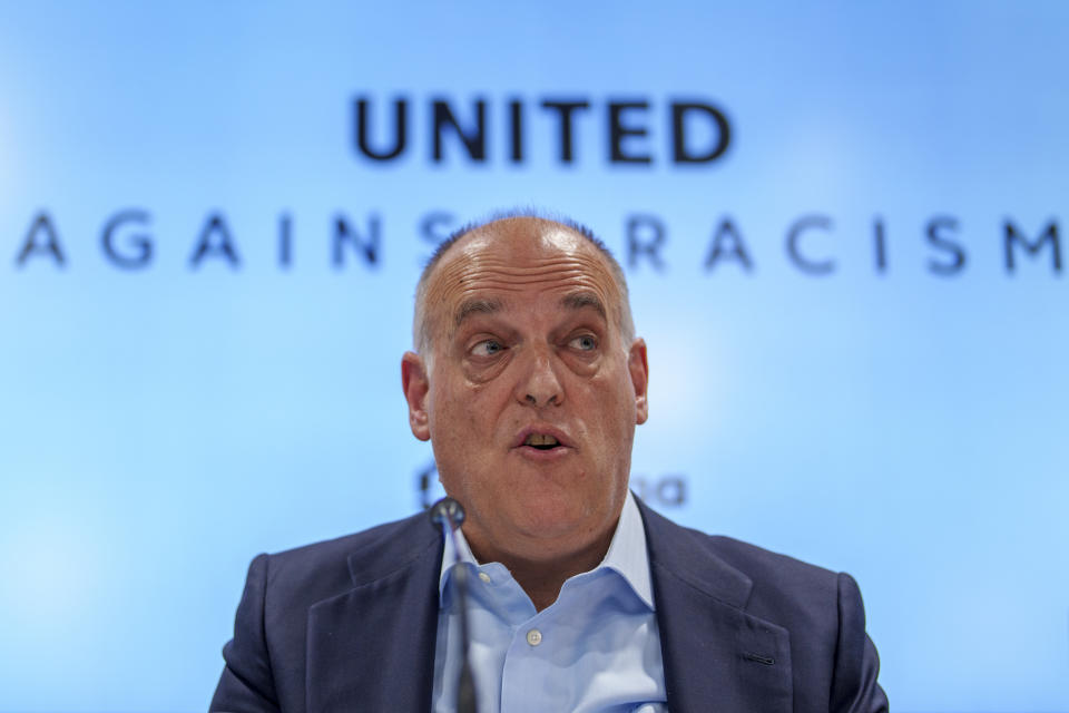 President of Spanish soccer league La Liga, Javier Tebas, speaks during a press conference in Madrid, Spain, Thursday, May 25, 2023. Spanish league president Javier Tebas said the league could end racism in six months if given more sanctioning powers. (AP Photo/Manu Fernandez)