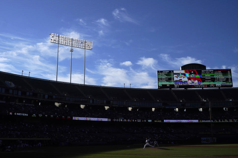 Oakland Athletics pitcher Paul Blackburn works against the Houston Astros during the second inning of a baseball game in Oakland, Calif., Saturday, July 22, 2023. (AP Photo/Jeff Chiu)