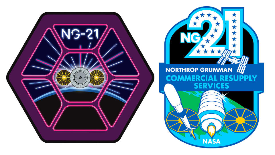 Two space mission patches, one purple and hexagonal, the other oval and blue, featuring the number 21