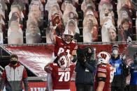 Wisconsin's Jake Ferguson celebrates a touchdown catch during the second half of an NCAA college football game against Illinois Friday, Oct. 23, 2020, in Madison, Wis. Wisconsin won 45-7. (AP Photo/Morry Gash)