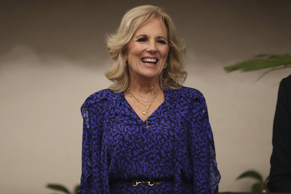 First Lady of the United States Jill Biden speaks as she meets Kenyan women leaders at the U.S. ambassador's residence in Nairobi, Kenya, Friday, Feb. 24, 2023. (AP Photo/Brian Inganga)