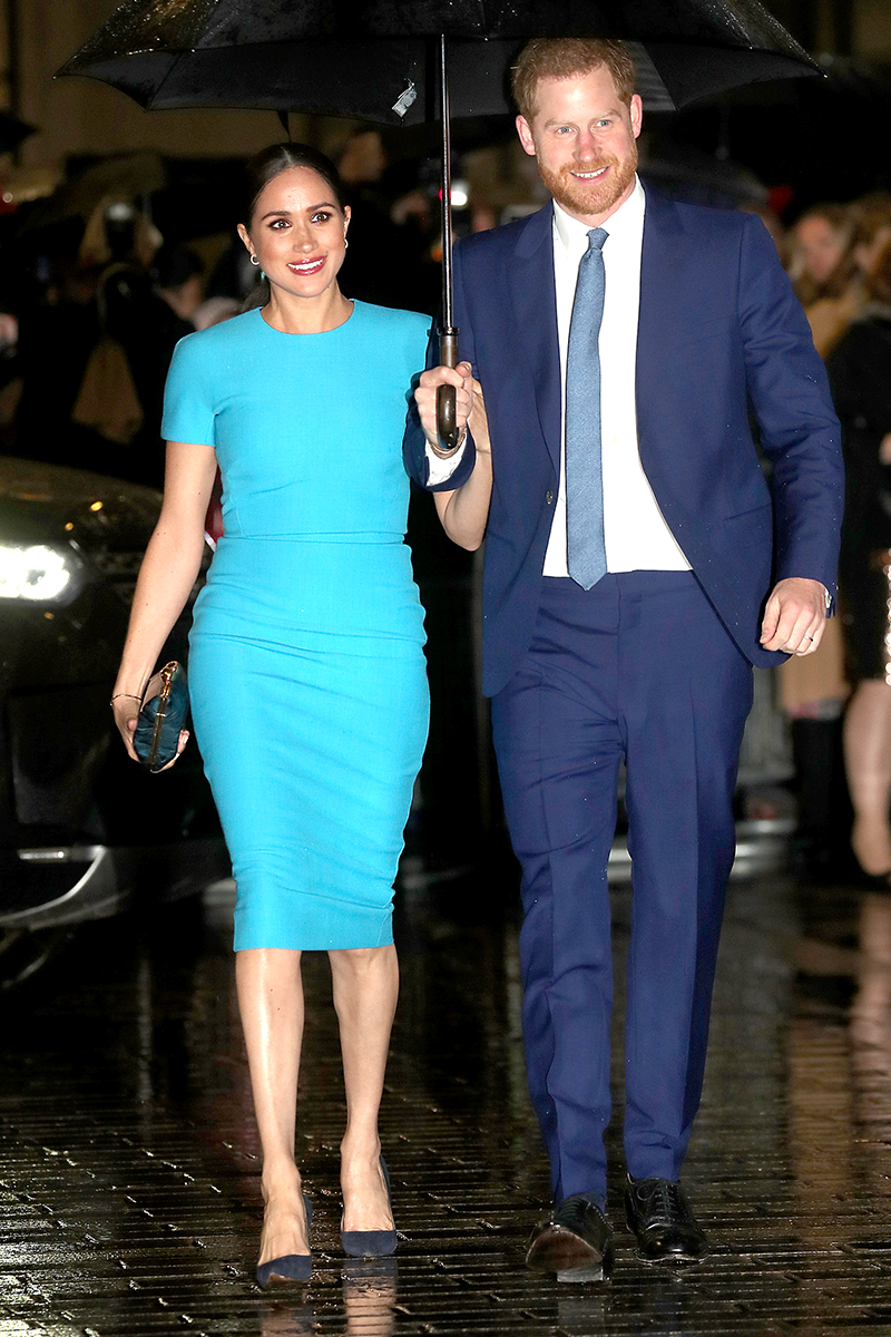 <p>Meghan opted for a striking turquoise blue <a href="https://www.cosmopolitan.com/uk/fashion/celebrity/a31256757/meghan-markle-turquoise-blue-dress/" rel="nofollow noopener" target="_blank" data-ylk="slk:Victoia Beckham shift dress" class="link ">Victoia Beckham shift dress</a> for the 2020 Endeavour Awards, which she accessorised with an indigo Stella McCartney clutch bag to match her navy suede pumps.</p>