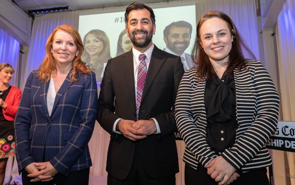 SNP leadership candidates (left to right) Ash Regan, Humza Yousaf and Kate Forbes taking part in the debate in Inverness - Paul Campbell/PA