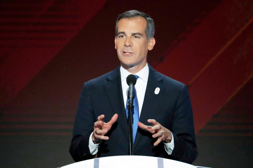 Los Angeles Mayor Eric Garcetti speaks during the final day of the Democratic National Convention in Philadelphia on July 28, 2016.