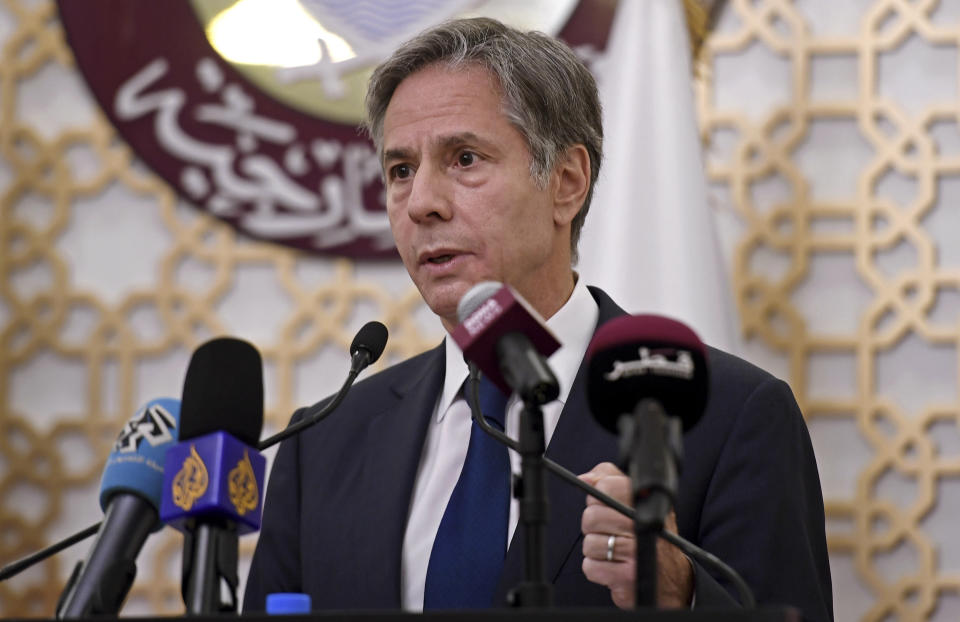 US Secretary of State Antony Blinken, speaks during a joint press conference with Secretary of Defense Lloyd Austin, Qatari Deputy Prime Minister and Foreign Minister Mohammed bin Abdulrahman al-Thani, and Qatari Defense Minister Khalid Bin Mohammed Al-Attiyah, at the Ministry of Foreign Affairs in Doha, Qatar, Tuesday, Sept. 7, 2021. (Olivier Douliery/Pool Photo via AP)