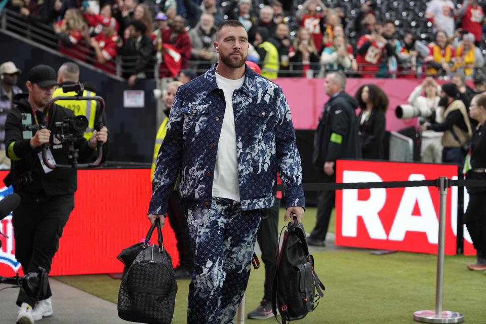 Kansas City Chiefs tight end Travis Kelce arrives before the start of an NFL football game between the Miami Dolphins and Kansas City Chiefs Sunday, Nov. 5, 2023, in Frankfurt, Germany. (AP Photo/Martin Meissner)