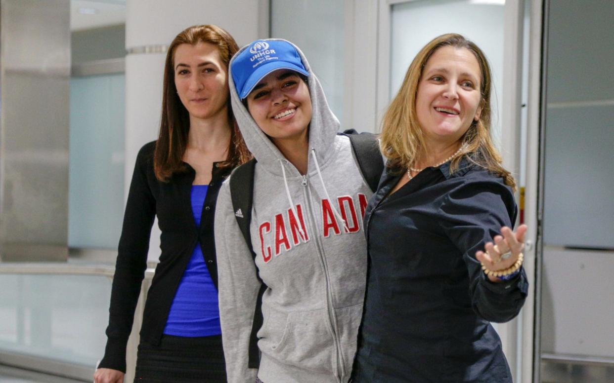 Saudi teenager Rahaf Mohammed al-Qunun arrives at Toronto Pearson International Airport - REUTERS