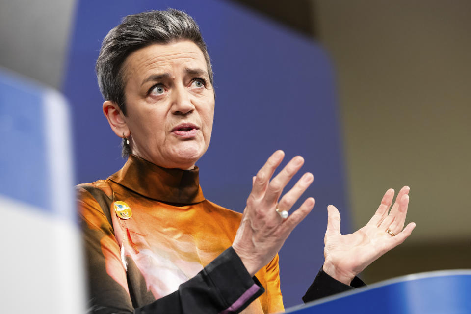 EU Commission vice president Margrethe Vestager addresses the media on Apple Music streaming services at EU headquarters in Brussels, Monday, March 4, 2024. Vestager addressed the media after the 27-nation bloc slapped a massive 1.8 billion fine on Apple for allegedly abusing its dominant position when it comes to music streaming services. (AP Photo/Geert Vanden Wijngaert)