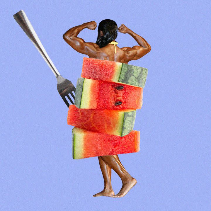 a person whose body is obscured by slices of watermelon