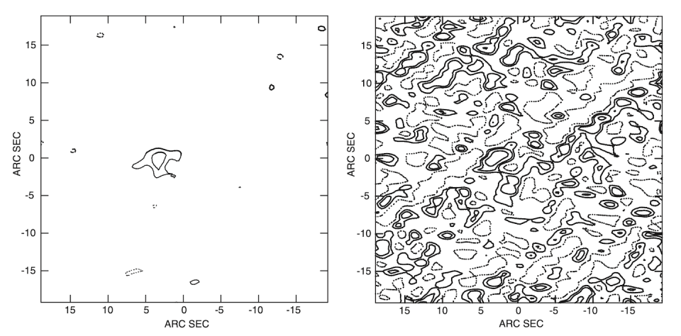 Two images from the Very Large Array in New Mexico show what a faint star looks like to a radio telescope without satellite interference, left, and with satellite interference, right. G. Taylor, UNM, <a href="http://creativecommons.org/licenses/by-nd/4.0/" rel="nofollow noopener" target="_blank" data-ylk="slk:CC BY-ND;elm:context_link;itc:0;sec:content-canvas" class="link ">CC BY-ND</a>