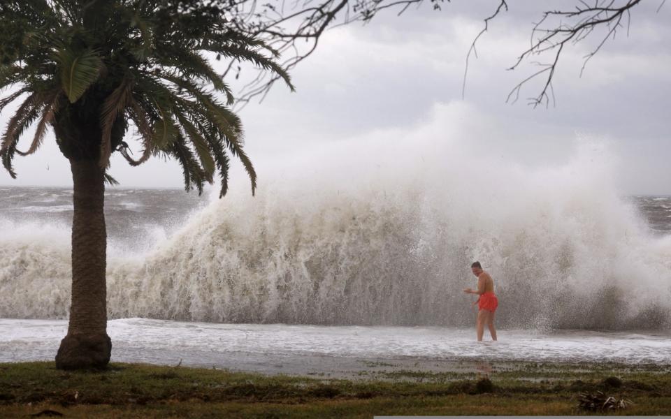 Crashing waves as Hurricane Helene passes offshore at St Petersburg, Florida