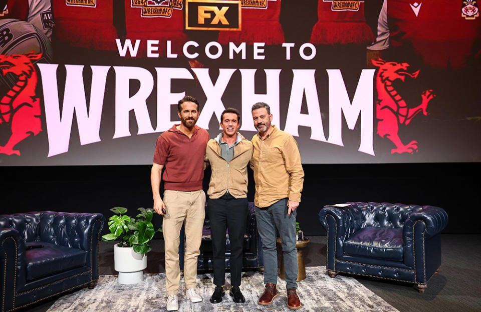 (L-R) Ryan Reynolds, Rob McElhenney and Jimmy Kimmel attend the FYC panel for FX's "Welcome to Wrexham" at Television Academy on April 29, 2023 in Los Angeles, California.