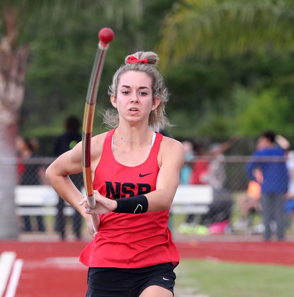 New Smyrna Beach's MaKenna Estes won the District 6-3A title in the girls pole vault Friday.