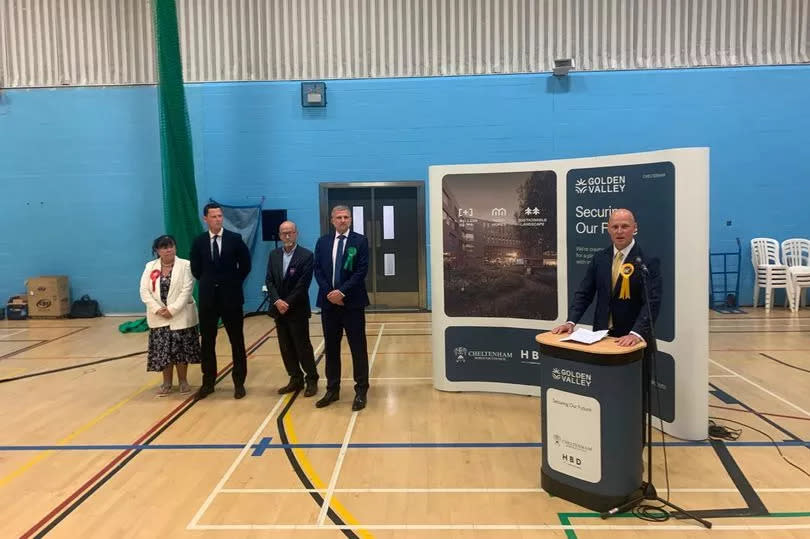 Liberal Democrat Max Wilkinson speaking after his election at the count in Leisure at Cheltenham