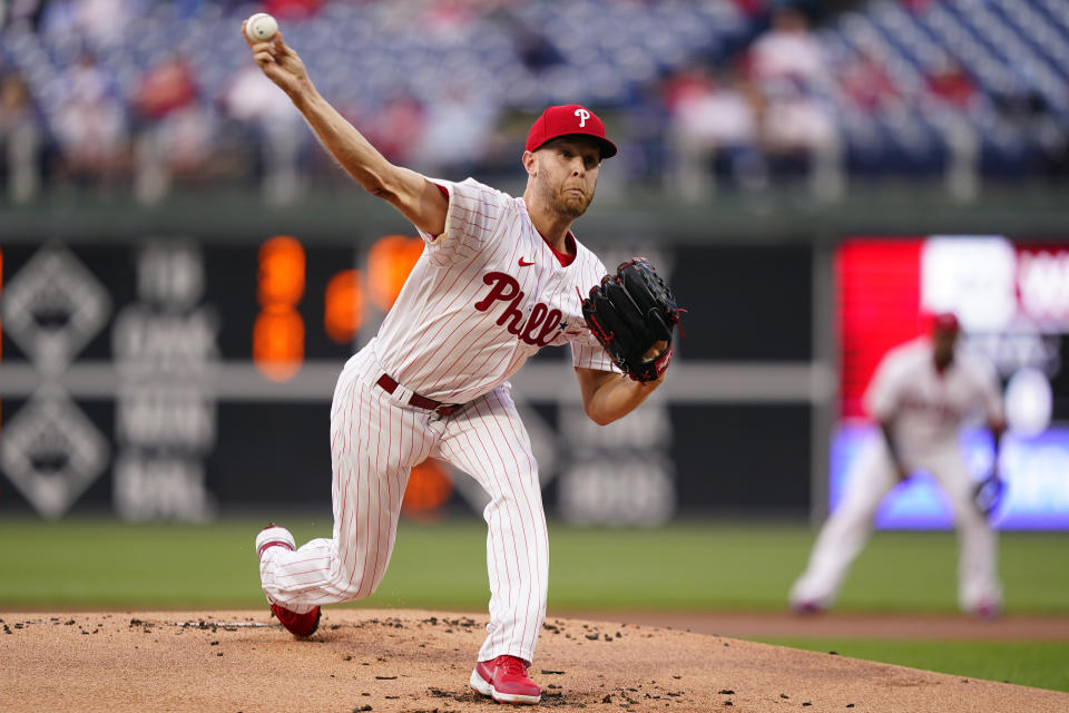 Philadelphia Phillies' Zack Wheeler pitches during the first inning of a baseball game against the Texas Rangers, Wednesday, May 4, 2022, in Philadelphia. (AP Photo/Matt Slocum)