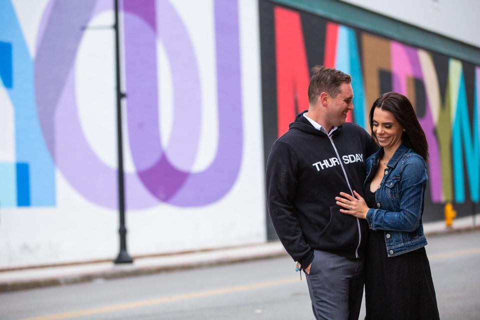 The 'I Love You, Marry Me' mural at the DCU Center in Worcester.