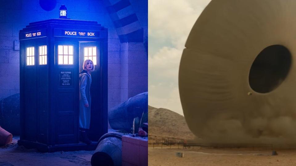 split photo of the tardis from doctor who and jean jacket from Nope living ships