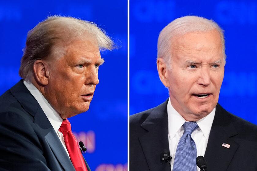 This combination of photos shows Republican presidential candidate former President Donald Trump, left, and President Joe Biden during a presidential debate hosted by CNN, Thursday, June 27, 2024, in Atlanta. (AP Photo/Gerald Herbert)