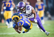 <p>Wide receiver Robert Woods #17 of the Los Angeles Rams is tackled by cornerback Trae Waynes #26 of the Minnesota Vikings at Los Angeles Memorial Coliseum on September 27, 2018 in Los Angeles, California. (Photo by Kevork Djansezian/Getty Images) </p>