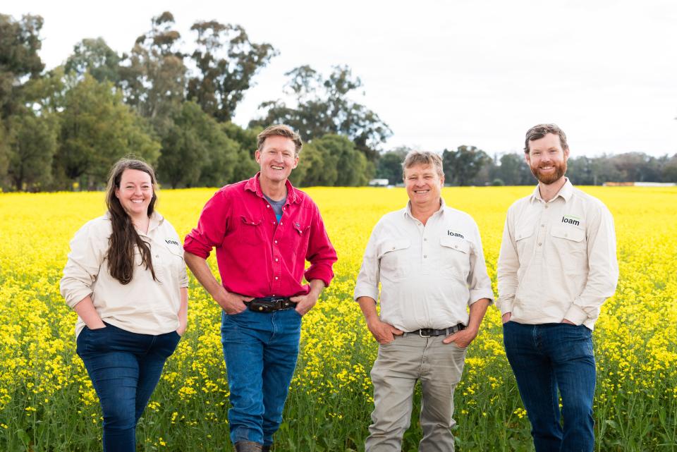 Loam Bio cofounders Tegan Nock, CPO; Mick Wettenhall; Guy Webb, global head of agronomy; and Guy Hudson, CEO.