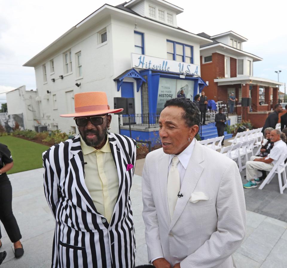 Otis Williams (The Temptations) and Smokey Robinson on the Motown Museum's new plaza on Monday, Aug. 8, 2022.