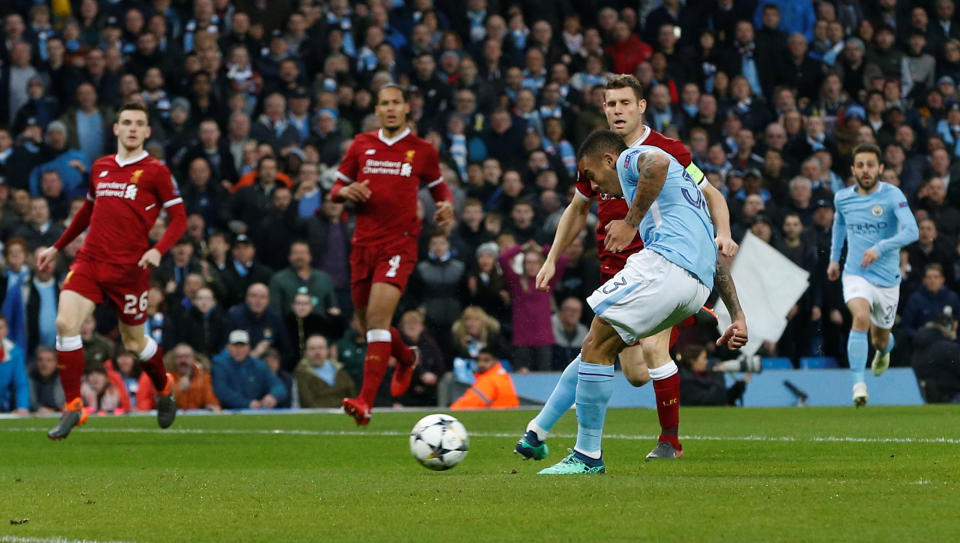 <p>Soccer Football – Champions League Quarter Final Second Leg – Manchester City vs Liverpool – Etihad Stadium, Manchester, Britain – April 10, 2018 Manchester City’s Gabriel Jesus scores their first goal REUTERS/Andrew Yates </p>